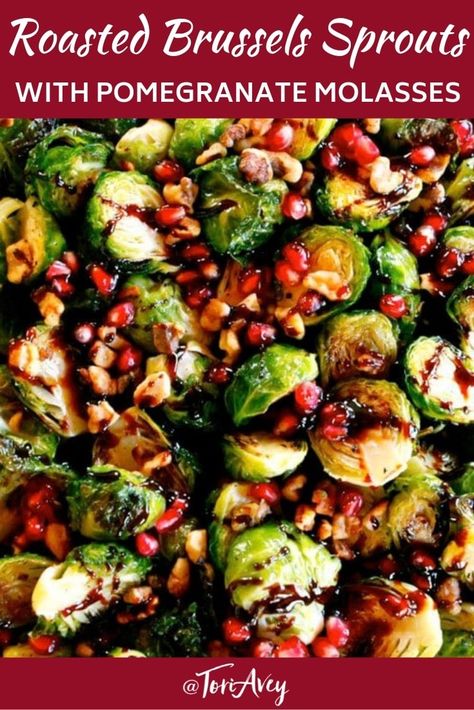 Roasted Brussels Sprouts with Walnuts & Pomegranate Molasses. Tender roasted sprouts are topped with sweet, rich homemade pomegranate molasses, toasted walnuts and fresh pomegranate arils. This beautiful dish is filled with texture and flavor, a delightful side for a holiday gathering. #brusselssprouts #roasted #pomegranates #sidedish #vegan #walnuts #roshhashanah #thanksgiving #kosher #sweetnewyear #TorisKitchen Molasses Recipes, Pomegranate Recipes, Roasted Sprouts, Thanksgiving Food Sides, Roasted Brussel, Roasted Brussels Sprouts, Thanksgiving Recipes Side Dishes, Pomegranate Molasses, Vegan Side Dishes