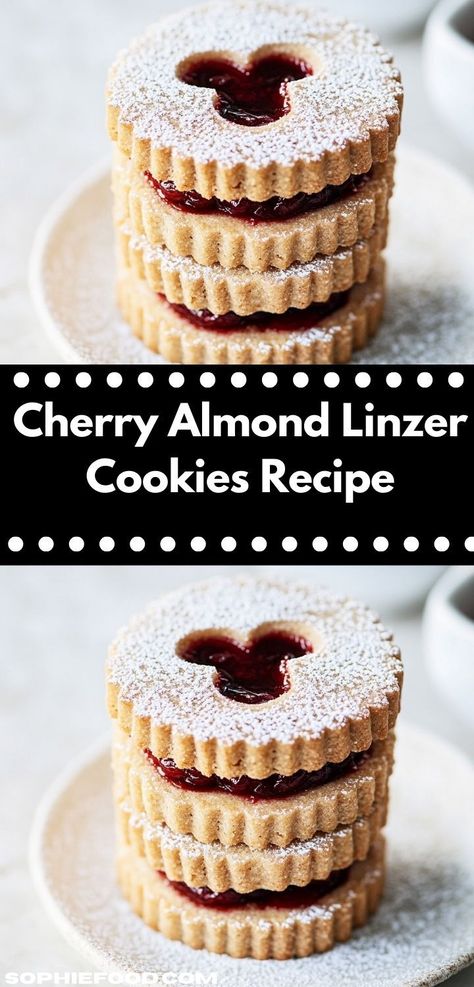 Searching for a fun baking project with the kids? This Cherry Almond Linzer Cookies recipe is not only delicious but also simple to follow, ensuring a delightful bonding experience while creating sweet treats together. Almond Linzer Cookies, Sweet Cherry Jam, Unique Christmas Desserts, Unique Christmas Cookies, Linzer Cookies Recipe, Linzer Cookies, Cherry Jam, Cherry Filling, Cherry Almond