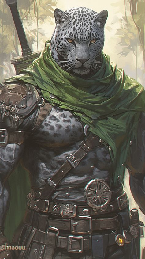 Tabaxi Barbarian, Tabaxi Jaguar, Cat Warrior, Dnd Tabaxi Barbarian, Tabaxi Ranger, Tabaxi Barbarian Dnd, Khajiit Art, Tabaxi Leopard, Jungle Warrior