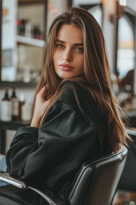 Elegant woman with long hair sitting in a chair, giving a pensive look over her shoulder with a blurred cafe background. Money Brown Hair, Old Money Brown Hair, Expensive Brown Hair, Rich Brunette Hair Color, Color Trend 2024, Brown Hair Aesthetic, Old Money Brunette, Sleek Haircuts, Brunette Hair Color Ideas