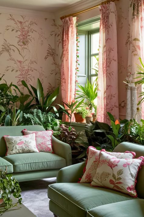 17 Pink and Green Living Room Ideas – The Crafty Hacks Green And Pink Sitting Room, Pink Green Cream Living Room, Sage And Teal Living Room, Green Pink Grey Living Room, Light Pink And Green Living Room, Pink Cottagecore Living Room, Pink And Green Interior Design, Living Room With Pink Accents, Pink And Green Apartment