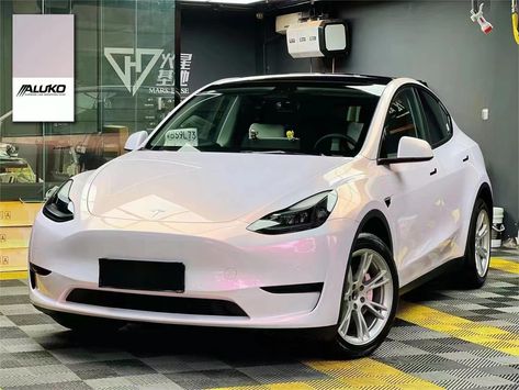 Opal Car Wrap, White Tesla Pink Interior, Cute Car Wraps, Tesla Model X Wrap, Girly Tesla, Tesla Y Wrap, Tesla Model 3 Wrap Ideas, Tesla Wraps Model Y, Wrapped Tesla Model 3