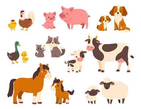 Farm animals with their baby. Cartoon pet animal family. Mothers and kids. Domestic parents and children. Mom pig with piglet, cute cow and calf. set Farm Animals And Their Babies, Cow And Calf, Animals And Their Babies, Cartoon Farm Animals, Farm Animal Drawings, Printable Animal Pictures, Farm Cartoon, Cartoon Cow, Farm Kids