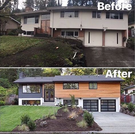 Exterior Renovations | Exterior renovation, Exterior remodel, Split level remodel exterior Before And After Curb Appeal, New House Exterior, House Exterior Makeover, Split Level Remodel Exterior, Split Level Exterior, Curb Appeal Ideas, Split Level Remodel, Exterior House Renovation, Ranch House Exterior