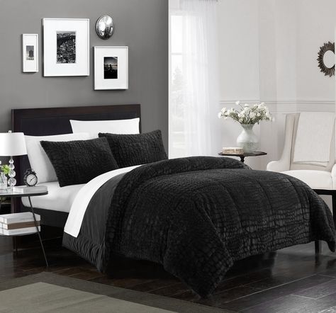 Chic Home Alligator 3 Piece Comforter Set Faux Fur Micro Mink Alligator Skin Bedding Black Faux Fur Comforter, Fur Comforter, Black Bedroom Decor, Velvet Design, Bedroom Minimalist, Alligator Skin, Black Bedroom, Bedroom Décor, Skin Pattern