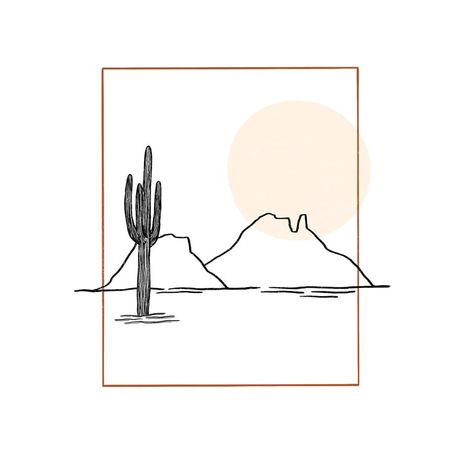 Desert Landscape Line Art, Desert Outline Tattoo, Cactus With Sun Tattoo, Minimalist Desert Art, Minimalist Desert Tattoo, Desert Illustration Minimal, Desert Line Drawing, Desert Mountain Tattoo, Desert Drawing Simple