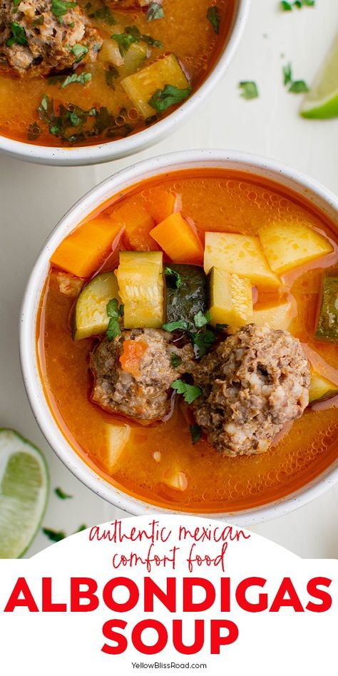 Albondigas Soup is a made with beef & rice meatballs, potatoes and zucchini in a rich tomato broth and will quickly become a family favorite. Mexican Albondigas Soup Recipe, Mexican Albondigas Soup, Zucchini And Rice, Mexican Albondigas, Albondigas Soup Recipe Mexican, Potatoes And Zucchini, Rice Meatballs, Albondigas Soup Recipe, Mexican Meatball Soup