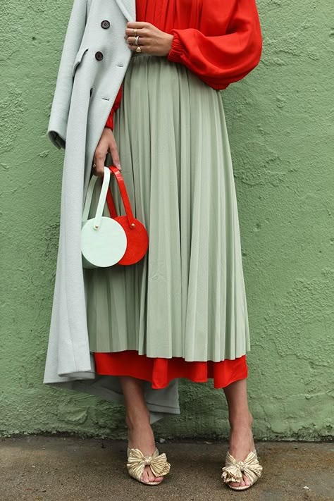 Mint and Red Color Combination for Fall | How to Style a Skirt Over a Dress Mint Skirt Outfit Color Combinations, Mint Colour Combination Outfit, Mint And Red Outfit, Mint Combination Outfits, Mint Color Combinations Outfit, Red Colour Combinations Dress, Red Colour Combinations Outfit, Red Combination Dress, Mint Color Combinations