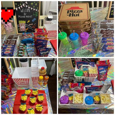 Spiderman Themed Movie Night, Movie Night Snack Packs, Movie Night Themed Birthday Party Snack Bar, Movie Night Supplies, Ultimate Movie Night, Movie Theater Food Ideas, Indoor Movie Night Party Living Rooms, Cinema Night At Home, Outdoor Movie Night Food Ideas