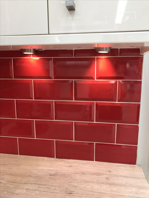 Red tiles for the kitchen, could work... - wickes Red Backsplash Kitchen, Dark Red Kitchen, Kitchen Red Tile Floor, Red Tile Kitchen, Kitchen Red Backsplash, Red Tile Countertops Kitchen, Kitchen Red Tiles, Red Subway Tile Kitchen, Red Kitchen Tiles