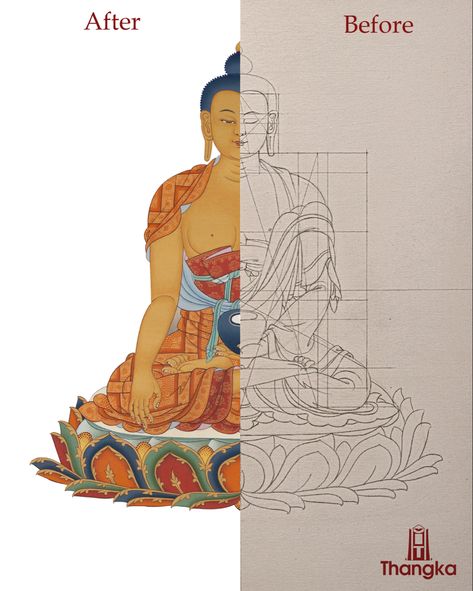 Presenting you all this beautiful Thangka of Buddha Shakyamuni. Taking references from Buddhist Scriptures, the correct measurements are drawn on cotton canvas by master artisan, a final clear sketch is drawn which can be seen in the post (half left. Then several stages like coloring, shading, lining etc is performed for completing a Thangka. So the right half is the final outlook of the same thangka. Hope you had some knowledge about how thangkas are painted! #thangkaart #buddha #shakyamunibudd Buddha Outline, Buddhist Iconography, Buddha Shakyamuni, Thangka Art, Buddhist Scriptures, Kerala Mural Painting, Shakyamuni Buddha, Thangka Painting, Tibetan Art