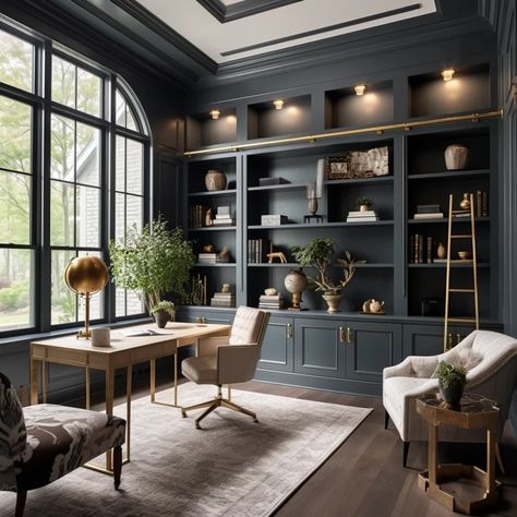 Best Moody Paint Colors of 2024 Navy Built Ins Office, Study Room Design Aesthetic, Vaulted Ceiling Home Office, Moody Black Paint Colors, Moody Office Paint Colors Sherwin Williams, Benjamin Moore Office Colors, Office Built Ins Paint Color, Moody Kitchen Paint Colors, Small Office Dark Walls