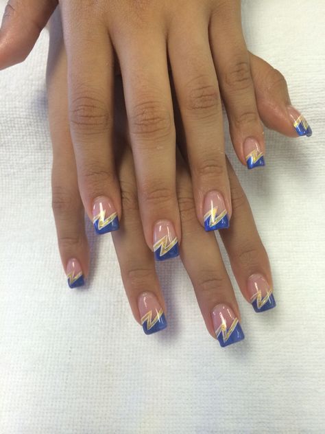 Charger nails Charger Nails, Chargers Nails, White Nails With Gold, La Chargers, Football Nails, Clothes Hacks, Diy Clothes Hacks, Nails Fun, Style Nails