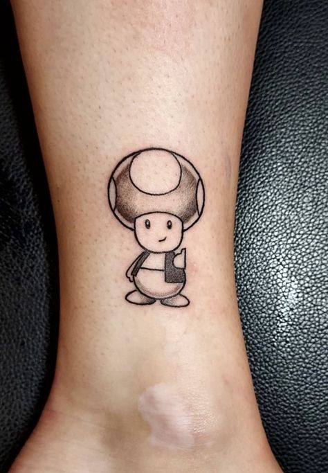 Toad Mario Tattoo Design, Toad And Yoshi Tattoo, Toad From Mario Tattoo, Mario Themed Tattoos, Toad Mushroom Tattoo, Mario Toad Tattoo, Toadette Tattoo, Boo Tattoo Mario, Toad Tattoo Mario