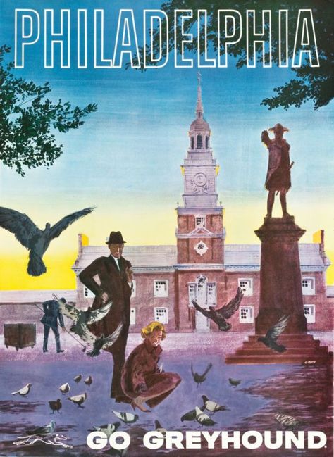 Philadelphia Art Print, Travel Advertisement, Visit Philadelphia, Philadelphia Art, John Barry, Advertisement Poster, Greyhound Bus, Independence Hall, Tourism Poster