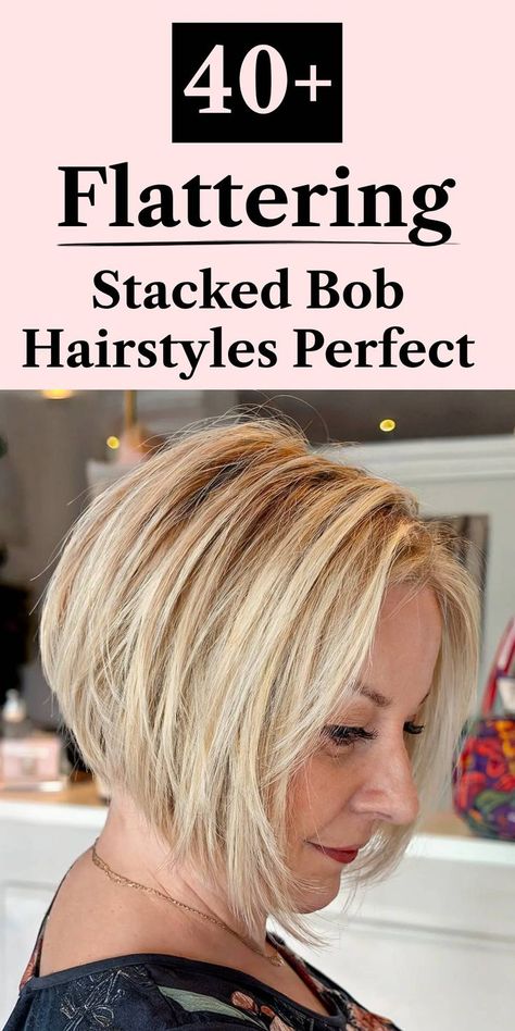 A flattering blonde stacked bob for women over 50 featuring face-framing layers and subtle volume Inverted Blonde Bob Hairstyles, Short Stacked Bobs For Fine Hair, Pointy Bob Hairstyles, Stacked Bob Haircut For Fine Hair Round Faces, Stacked Bob With Curtain Bangs, Bob Haircut For Fine Hair Round Face, Below Chin Length Bob, Slightly Stacked Bob, Bob Haircuts For Women Fine Hair