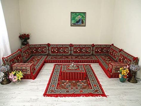 Ramadan Decorations For Homes, Arabic U Shaped Floor Sofa, Arabic Floor Seating, Arabic Floor Sofa, Arabic Majlis, Arabic Couches, Floor Seating Sofa MA 100 Kilim Pattern Design, Majlis Sofa, Arabic Living Room, Backrest Pillows, Corner Seating, Floor Couch, Bohemian Furniture, Floor Sofa, Floor Sitting