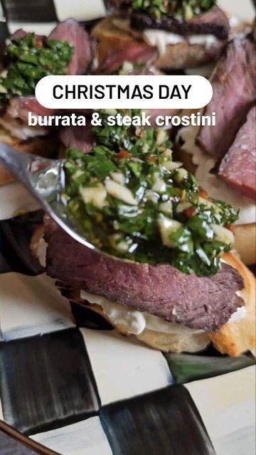 Seby | EASY RECIPES on Instagram: "⬇️SAVE THE RECIPE⬇️ CHIMICHURRI STEAK CROSTINI with BURRATA~ great Christmas appetizers 🌟FOLLOW FOR MORE🌟 Ingredients: 2 New York Steaks Buttery steakhouse Kinder's seasoning 1 baguette Burrata Black pepper Chimichurri sauce: Chimichurri sauce: 1/2 bunch parsley (flat leaf parsley) 2 Garlic cloves 1/2 lemon (juice and zest) 1 tablespoon red wine vinegar 1/2 cup Extra virgin olive oil Chili flakes (optional) Salt to taste Instructions: Chinichurri sauce: chop parsley finely, mince the garlic, then mix everything and set aside. You can make this the day before. Oven to 275Season steak generously. Take steak out 30 mins before cooking. Sear for about 60 seconds on each side or until internal temp is to you liking. We pulled our steaks off at 125 New York Steaks, Steak Crostini, Steak With Chimichurri Sauce, Chimichurri Steak, Chimichurri Sauce, French Dip, Steak Sauce, Private Chef, Wine Vinegar