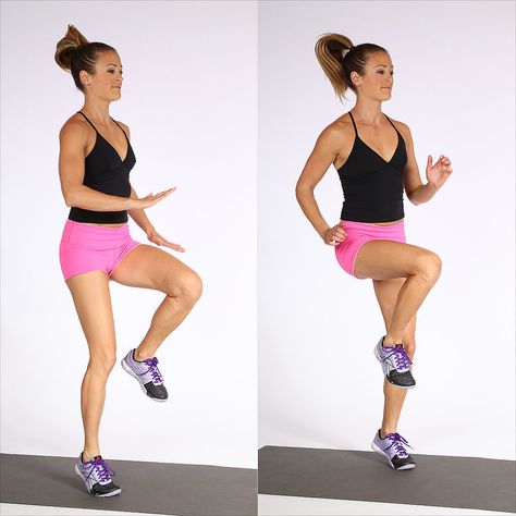 High Knees: Run in place while lifting your knees high to the level of your waist. Engage your abs as the knee comes up. Pump your arms to warm up your upper body. Muffin Top Exercises, Full Body Workouts, Muscle Abdominal, 20 Minute Workout, Best Cardio Workout, Knee Up, Best Cardio, Lower Abs Workout, Popsugar Fitness