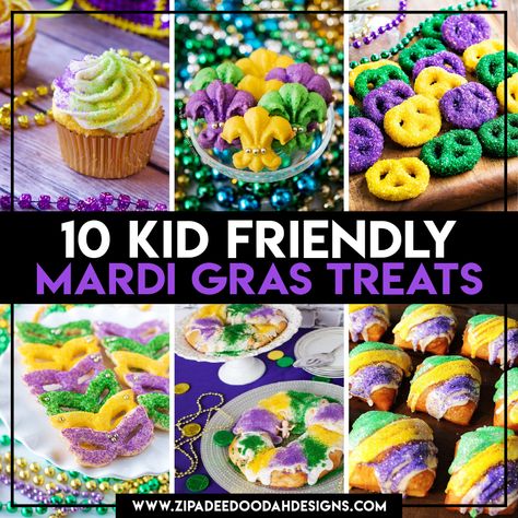 Kid Friendly Mardi Gras Treats Mardi Gras Treats For Kids, Mardi Gras Party Favors Ideas, Mardi Gras Lunch Ideas, Food For Mardi Gras Party, Mardi Gras Snacks For Kids, Mardi Gras Ideas For Kids, Mardi Gras Food Appetizers Easy, Madi Gras Party Ideas Food, Easy Mardi Gras Food