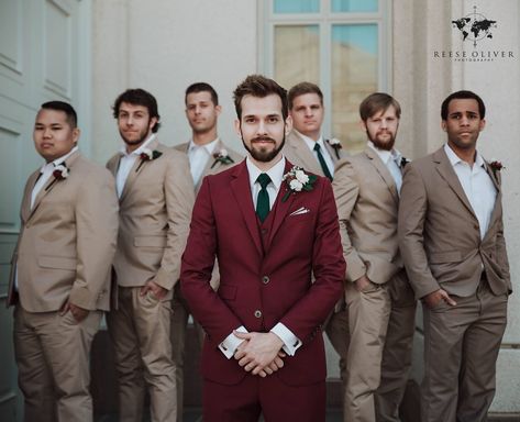 Groomsmen Outfits Maroon, Cream And Burgundy Tuxedo Wedding, Tan Suit With Red Tie, Burgundy And Tan Groomsmen Attire, Groom In Maroon Suit, Maroon Suit Groomsmen, Cabernet Groomsmen Attire, Burgundy And Champagne Groomsmen Attire, Champagne And Burgundy Wedding Groomsmen