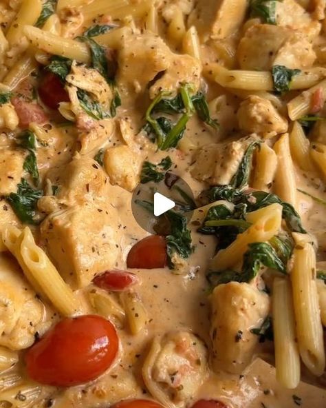 Nicole Addison, RD, MHSc on Instagram: "ONE PAN creamy chicken & tomato pasta for a cozy weeknight dinner 🕯️ It’s COLD outside and I’m craving allll the warm comfort foods! This creamy pasta is the perfect option if you’re looking for something quick, easy and packed with comforting flavours! All ya need is: • pasta of choice (I used penne) • Chicken breast • Salt and pepper • Flour • Butter • Garlic • Cherry tomatoes • Italian seasoning • Cooking cream • Chicken broth • Tomato sauce • Spinach • Parmesan • Fresh basil COMMENT: RECIPE PLEASE (on this post not in my DMs) to be sent the FULL printable recipe including all tips, tricks, nutrition info and substitutions or find it linked in my bio!! • • • #easymeals #easyrecipeideas #onepanmeal #pasta #comfortfood #weeknightdinner #quic Creamy Chicken Tomato Spinach Pasta, Creamy Sun Dried Tomato Chicken Pasta, Chicken Pasta Spinach Sun Dried Tomatoes, Creamy Pesto Chicken Pasta Spinach Sun Dried Tomato, Creamy Sun Dried Tomato Pesto Chicken, One Pan Creamy Chicken, Chicken Tomato Pasta, Spinach Parmesan, Chicken Tomato