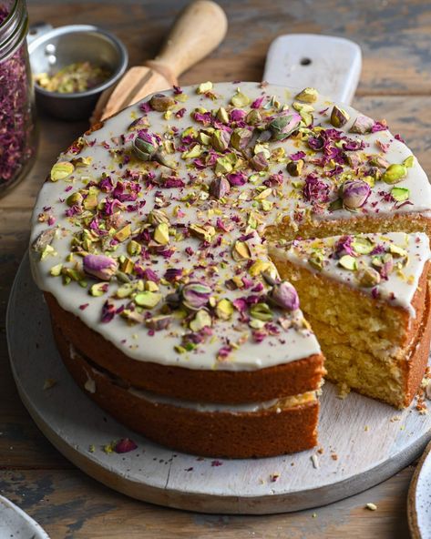 Persian Love Cake Love Cake Recipe, Persian Love Cake, Wild Wedding, Cake Slicer, Butter Cake Recipe, Tall Cakes, Lemon Glaze, Cake Inspo, Dried Rose Petals