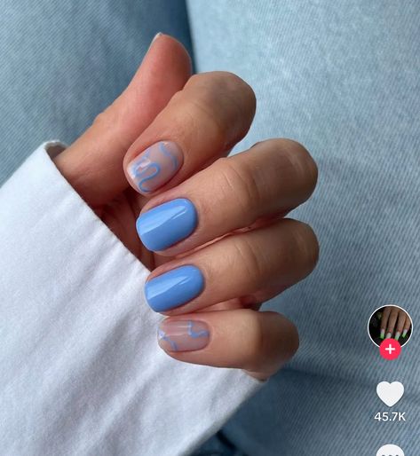 Nails Ideas For School, Two Color Nails, Evil Eye Nails, Abstract Nails, Summer Nail Ideas, Glitter Accent Nails, Long Almond, Light Blue Nails, Cow Nails