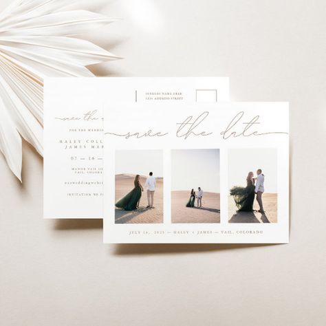 Elegant 3 Photo Wedding Save The Date Postcard Natural Glam Wedding, Save The Date Calligraphy, Rustic Wedding Save The Dates, Minimalist Save The Date, Wedding Postcard, Rustic Save The Dates, Save The Date Postcard, Postcard Template, Simple Invitation