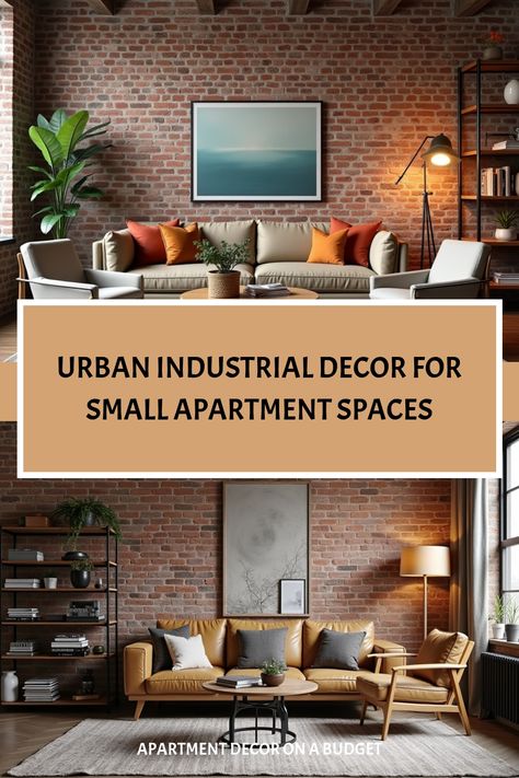 Compact living room featuring industrial design and smart space solutions Small Industrial Living Room Ideas, Apartment Decor Industrial, Small Brooklyn Apartment Aesthetic, Manhattan Apartment Aesthetic, Small Industrial Living Room, Chic Apartment Living Room, Urban Living Room Ideas, Industrial Apartment Decor, Brick Wall Living Room