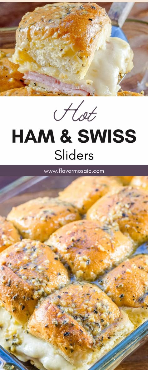 These hot ham & swiss sliders are smothered with a garlic dijon butter sauce and make the perfect game-day or party appetizer. These sliders are easy to make, and like other sliders are small but hearty. This make ahead recipe can be prepped in advance and just popped in the oven prior to serving for a convenient starter to any party! Serve alongside a macaroni salad or potato salad for a full spread. Slider Topping Sauce, Slider Sauce Recipe, Sauce For Sliders, Garlic Butter Sliders, Sunny Anderson Recipes, Brioche Sliders, Wedding Sliders, Gawain Bread Sliders, Hot Ham And Cheese Sliders