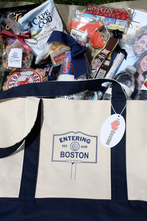 When your guests arrive in town for your special day, welcome them with an awesome Boston-themed welcome bag! Boston Themed Party, Boston Bachelorette Party, Gift Bags For Out Of Town Wedding Guests Welcome Baskets, Cape Cod Welcome Bag, Boston Wedding Welcome Bags, Boston Harbor Hotel Wedding, Wedding Guest Bags, Hotel Welcome Bags, Welcome Baskets