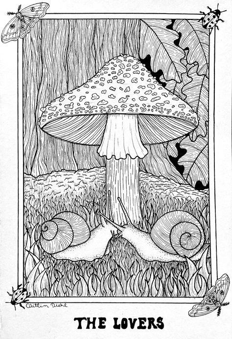 Two snails giving a kiss under a mushroom in an enchanted forest with moths and lady bugs. Tarot Card Artwork, Lovers Tarot Card, Stick Drawings, Tarot Card Tattoo, Snail Art, The Lovers Tarot Card, The Lovers Tarot, Mushroom Drawing, Original Ink Drawing