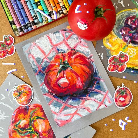 TOMATOES 🍅 I love tomatoes and you can see a lot of tomatoes in my drawings :)))) this oil pastels drawings and stickers available on my website, check the link in my profile #art #sketch #sketchbook #oilpastels #pastels #painting Oil Pastels Drawings, Tomato Drawing, Pen Art Work, Profile Art, Oil Pastel Art, Oil Pastel Drawings, My Drawings, Oil Pastels, Pastel Drawing