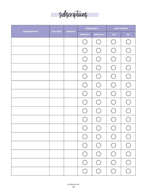 Printable subscriptions tracker template with columns for subscription name, due date, amount, frequency options (monthly or annually), and auto-renewal status for tracking recurring expenses. Free Subscription Tracker, Financial Control, Subscription Tracker, Bullet Journal Printables, Sneaks Up, Tracker Printable, Streaming Services, Due Date, Journal Printables