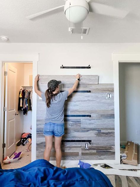 Wood Floor On Wall, Diy Wood Accent Wall, Vintage Room Decor Ideas, Flooring On Walls, Wood Walls Bedroom, Vinyl Wood Planks, Faux Wood Wall, Wooden Accent Wall, Laminate Wall