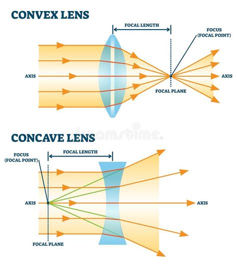 Convex and concave lens, vector illustration diagrams. Labeled scheme with light ray direction and bending through lens. Controlling focal length and focus vector illustration Eye Health Facts, Concave Lens, Mirror Drawings, Concave Mirrors, Physics Concepts, Reflection And Refraction, Photography Lighting Setup, Physics Formulas, Physics Notes