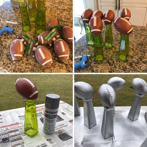 diy dollar tree Lombardi trophy 🏆 Football Treat Table, Football Theme Work Party, Football Themed Birthday Party Centerpieces, Football Birthday Centerpiece Ideas, Diy Party Decorations For Adults Men, Dinner Banquet Decorations, Football Trophy Diy, Football Sports Banquet, Diy Paper Football