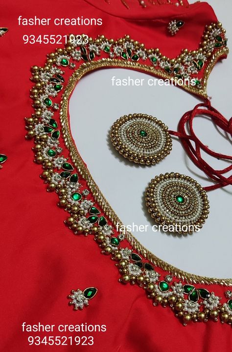 Maggam work Maggam Work Hangings, Maggam Hangings For Blouses, Aari Work Latkan Designs, Latkan Designs, Blouse Hangings, Magam Work Designs, Green Blouse Designs, Jewelry Embroidery, Blouse Works