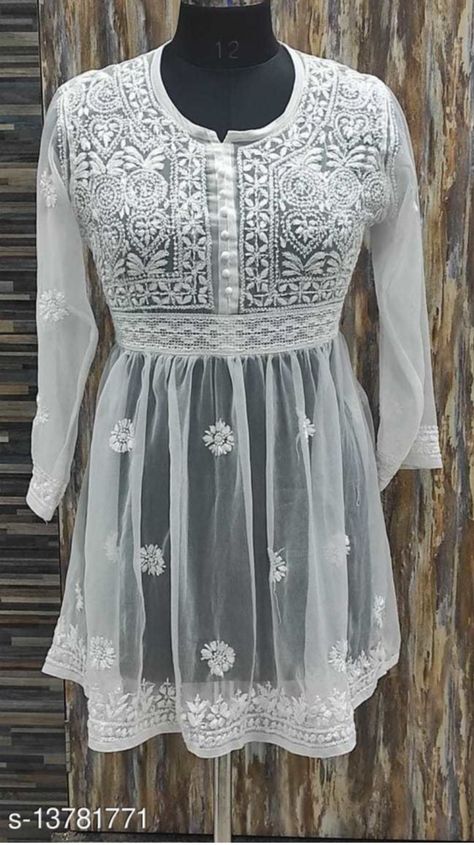 Short Chinkari Kurti, Chikenwork Kurti Design With Jeans, Short Chickenkari Kurti, Chikan Kurti Designs Latest, Chinkari Kurti With Jeans, Chickenkari Kurti Designs Latest, Chikankari Short Frock, Chickenkari Kurti With Jeans, Chikenwork Kurti Design