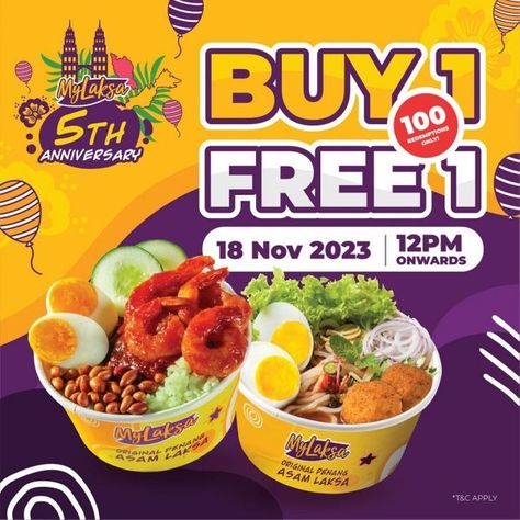 MyLaksa Malaysia 5th Anniversary Buy 1 FREE 1 Promotion on 18 November 2023 Anniversary Promotion Design, Anniversary Poster Design, Buy 1 Free 1, Anniversary Poster, Festival Food, Promotion Design, Seni Dan Kraf, Promotional Design, 5th Anniversary