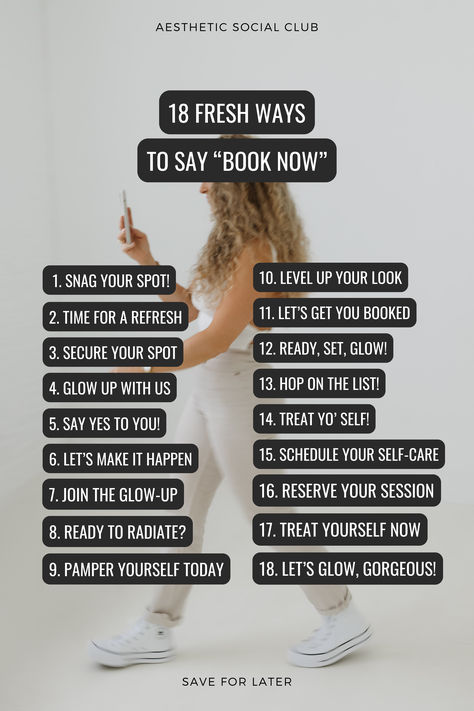 📣 If you’re in the Aesthetic industry, this is for you! Tired of the same old ‘Book Now’ call to action?

Here are 18 fresh and fun ways to encourage your clients to grab their spot ✨

Join Aesthetic Social Club for effortles posting with done-for-you social media templates for thos ein medical aesthetics!

#medspa #medspalife #medicalspa #aestheticnurse #nurseinjector #nursepractitioner #injectors #cosmeticnurse #esthetician #estheticians #aesthetician #aestheticclinic New Years Esthetician Posts, New Year Esthetician Post, Medspa Content Ideas, Fun Marketing Ideas, Med Spa Aesthetic Social Media, Esthetician Business Plan, Esthetician Marketing Social Media, Spa Promotion Ideas, Esthetician Instagram Theme