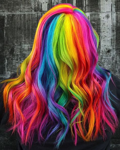 Bright Rainbow Hair, Rainbow Vivid Hair, Pink Rainbow Hair, Summer Hair Color For Blondes, Hair Color Rainbow, Bright Colored Hair, Neon Rainbow Hair, Rainbow Hair Highlights, Rainbow Hair Colors