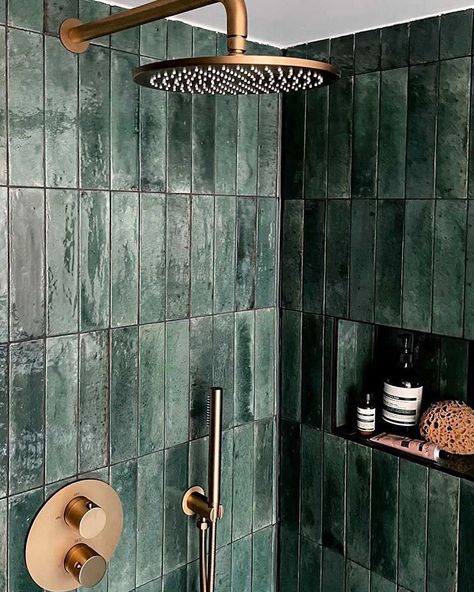 If we had a ‘Tile of 2020’ I think our gorgeous Hoxton Bottle Green would be it!! 💚💚 The glaze, shade variation and coupled with these… Green Shower Tile, Dark Green Tile, L Shaped Bathroom, Dark Green Bathrooms, Green Tile Bathroom, Mandarin Stone, Rectangle Tiles, Bathroom Oasis, Upstairs Bathrooms