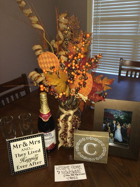 Welcome home newlyweds  idea. (Fall center piece made by hobby lobby decor.) Welcome Home Newlyweds, Hobby Lobby Decor, Lobby Decor, Centerpiece Ideas, Fall Centerpiece, Newlywed Gifts, Appreciation Gifts, Welcome Home, Hobby Lobby