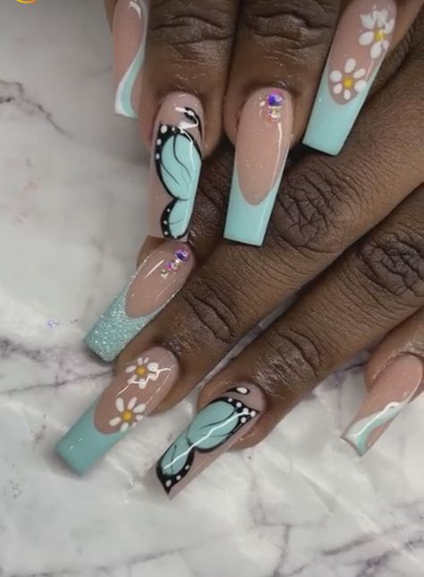 Blue nails, butterfly nail art ,flower nail art ,french tips ,nude nails Easy Flower Nail Art Tutorials, Butterfly Summer Nails, Flower Butterfly Nails, Blue Nails Butterfly, Purple Butterfly Nails, Blue Butterfly Nails, Gel Ideas, Nail Art Flower, Nail Art French