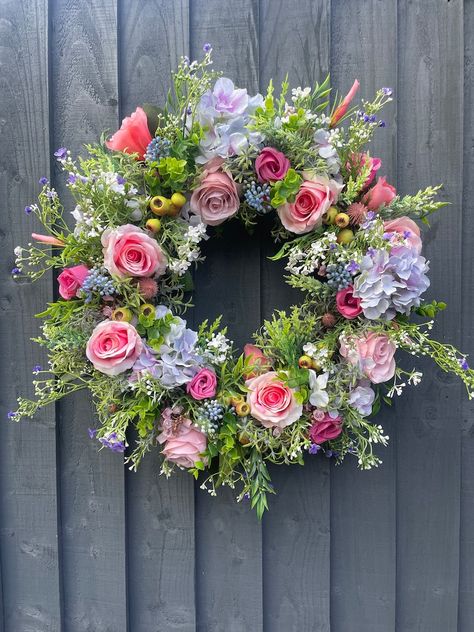 Spring Wreath, Spring Wreath for Your Front Door, With Roses, Hydrangeas, Daisys, Berries, Eucalyptus, Artificial Wreath, Door Wreath - Etsy UK Wreath Workshop, Floral Door Wreaths, Make A Wreath, Pretty Wreath, Wreath Maker, Artificial Wreath, Floral Wreaths, Flower Arrangements Diy, Summer Wreaths