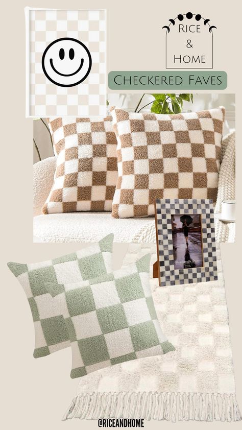 Checkered print home decor from Amazon Checker Room Decor, Checkered Decor Aesthetic, Neutral Checkered Nursery, Checkered Room Aesthetic, Checkerboard Bedroom, Checkered Chair, Checkered Room, Checkered Nursery, Sage Room