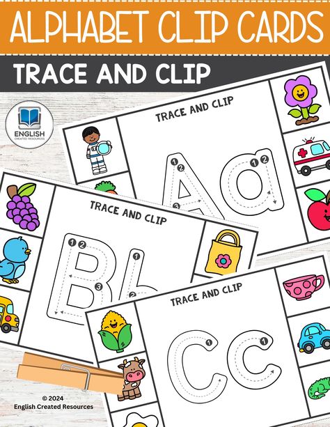 Alphabet Clip Cards English Created Resources, Alphabet Clip Cards, Free English Worksheets, Teaching Letter Sounds, Tag Alphabet, Tactile Learning, English Activities For Kids, Alphabet Phonics, Teaching Letters