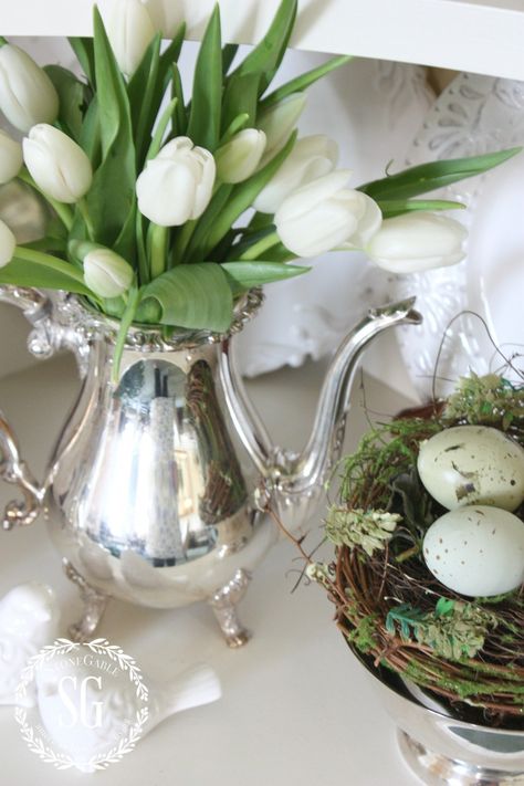 Decorating With Silver Pieces, Silver Tea Set, Silver Teapot, Faux Flower Arrangements, Silver Decor, Silver Tea, White Tulips, Spring Home, Silver Pieces